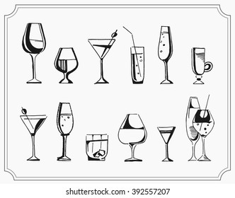 Hand drawn sketch set of alcoholic cocktails. Vector illustration