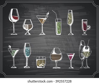 Hand drawn sketch set of alcoholic cocktails. Vector illustration