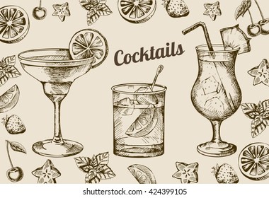 Hand drawn sketch set of alcoholic cocktails. Vintage chalk drawing cocktail menu design. Corporate identity.