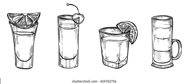 Hand drawn sketch set of alcoholic cocktails. Glass of tequila, vodka, cocktail, shot drink. Vector illustration on white background