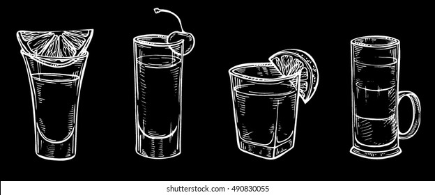 Hand drawn sketch set of alcoholic cocktails. Glass of tequila, vodka, cocktail, shot drink. Vector illustration on white background