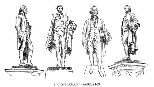 Hand drawn sketch set of Alexander Hamilton Statue in vector illustration.