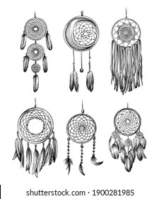 Hand drawn sketch set of Amulet of the Dream catcher on a white background. Dream catcher amulet. Spider. amulet for good dreams 