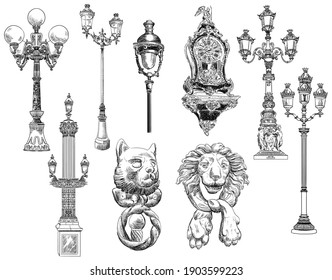 Hand drawn sketch set of ancient urban decorative architectural elements. Vector illustration for decorating, postcard, posters, design, cards, stickers or room decor, t-shirt, invitation, book