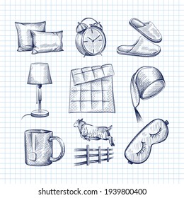 Hand drawn sketch set of bedtime attributes. Pillows, alarm clock, sleeping slippers, bed lamp, blanket, night cap, cup of tea or milk, sheep counting, jumping sheep. Going to sleep. Sleeping set	