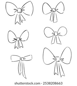 Hand drawn sketch Set Bows, line art Bows Isolated On White Background