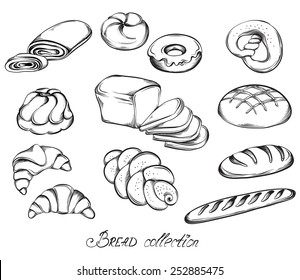 Hand drawn sketch set of breads and buns in line art. Vector illustration of bakery collection in black and white.