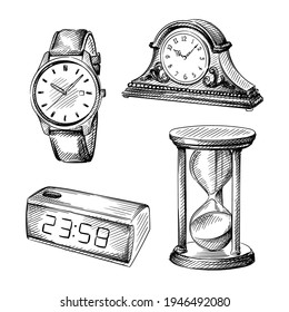 Hand drawn sketch set of Clock. Wall clock. Watches. Alarm. Time. wrist watches, Mantel  Tabletop clock, sandglass, hourglass, digital alarm clock 