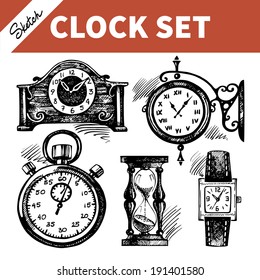 Hand drawn sketch set of clocks and watches
