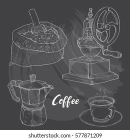 Hand drawn sketch set of coffee. Vector illustration background