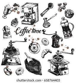 Hand drawn sketch set of coffee themed objects. Vector illustration isolated on white background.