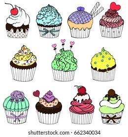 Hand drawn sketch set of colored cupcakes. Vector illustration isolated on white background.