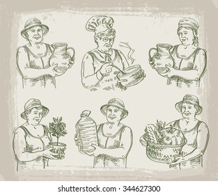 hand drawn sketch set of cook, chef, gardener and farmer. vector illustration