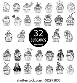 Hand drawn sketch set of cupcakes. Vector illustration isolated on white background.