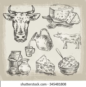 hand drawn sketch set of dairy products and cow. vector illustration