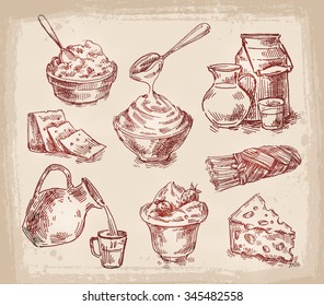 hand drawn sketch set of dairy products. vector illustration