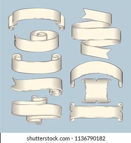Hand drawn sketch set of decorative ribbon vector icon. Monochrome shaped stripes, curly and scroll, horizontal rolled strings, lineart outline style