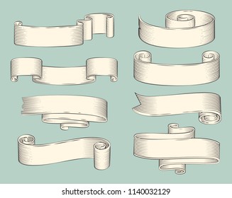 Hand drawn sketch set of decorative ribbon vector icon. Monochrome shaped stripes, curly and scroll, horizontal rolled strings, lineart outline style