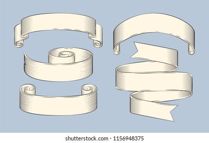 Hand drawn sketch set of decorative ribbon vector icon. Monochrome shaped stripes, curly and scroll, horizontal rolled strings, lineart outline style