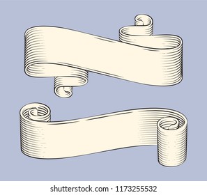 Hand drawn sketch set of decorative ribbons vector icons. Monochrome shaped strings, curly and scroll, horizontal rolled ropes, vintage linear outline