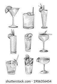 Hand Drawn Sketch Set Of Drinks In Cocktail Glasses. Alcohol Beverages. Cocktail Drink In Highball Glass, Champagne Saucer, Rocks, Shot Glass, Zombie Glass, Balloon Wine, Martini Glass 