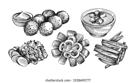 Hand drawn sketch set of Dutch cuisine. Dutch herring Hollandse Nieuwe, Hutshot, Stamppoton, Erwtensoep, Snert, pea soup, Bitterballen meat patties, Veal croquettes, Bitterballen patties, Patat fries