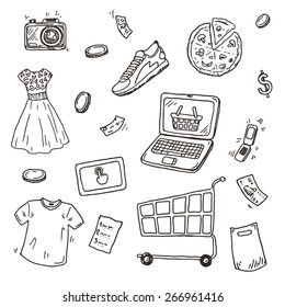 Hand drawn sketch set, E-commerce online shopping doodle icons collection