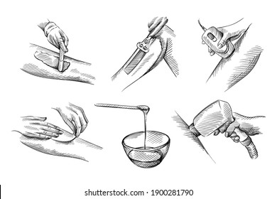 Hand drawn sketch of set of Epilation, depilation. Hair removing. Strip for waxing; bowl with spoon for waxing; epilator; applying wax with wax stick; shaving leg with razor; Laser hair removal device