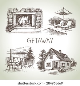 Hand drawn sketch set of family vacation. Vector illustration