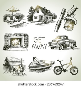Hand drawn sketch set of family vacation. Adventure and relaxation in nature. Vintage vector illustration