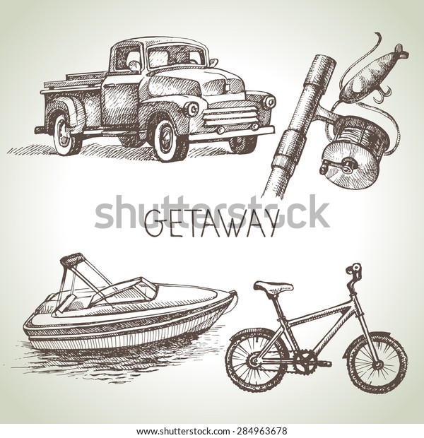 Hand drawn sketch set of family vacation.\
Vector illustration