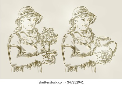 hand drawn sketch set farming, gardening. vector illustration