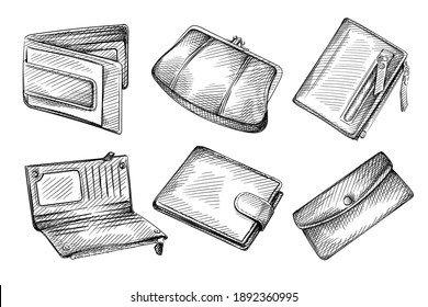 Hand Drawn Sketch Set Of Female And Male Wallets On A White Background. Wallet, Money Purse, Money Pocket, Clutch 