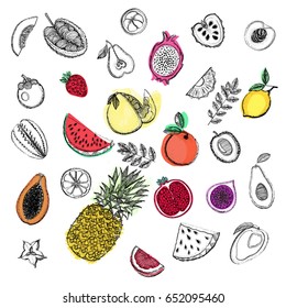 Hand drawn sketch set of fruits. Vector illustration isolated on white background.