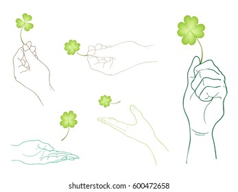 Hand Drawn Sketch Set of Hand Holding Fresh Four Leaf Clover Plants or Shamrock for St. Patricks Day Celebration. Isolated on White Background.