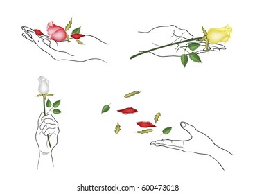 Hand Drawn Sketch Set of Hand Holding Beautiful Roses with Green Leaves Isolated on White Background.