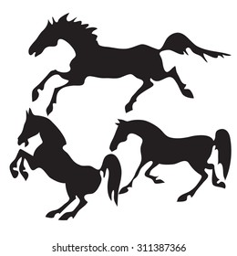 Hand drawn sketch set of horses silhouettes on white background.