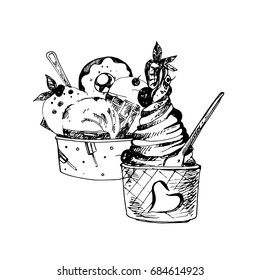 Hand Drawn Sketch of Set Ice Cream in Bowls. Vintage Sketch. Great for Banner, Label, Poster
