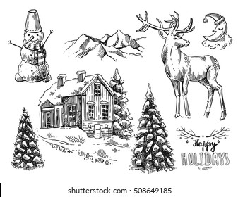 Hand drawn sketch set of illustration Christmas landscape with house, 
spruce and deer. Us for postcard, card, invitations and christmas decorations.