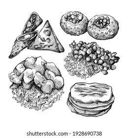 Hand drawn sketch set of Indian cuisine. Indian tortillas, Paneer Butter Masala, Butter Chicken, Pani puri, Samsa, samosa 