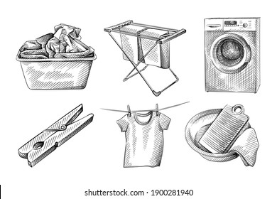 Hand drawn sketch set of Laundry, clothes washing routine. T-shirt hanging on rope, of washing board, rag and water basin, Clothespin, clothes dryer, Basket with dirty clothes