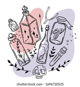 Hand drawn sketch a set of magic components with different potion ingredients in different glass bottles and jars