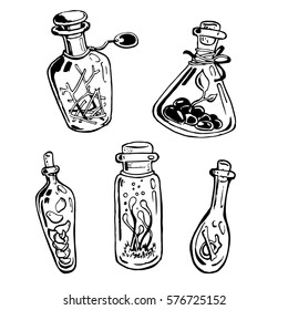 Hand drawn sketch set of magic components with various effects for potions in different glass bottles and jars