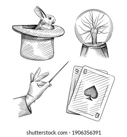 Hand drawn sketch set of magician attributes. Focus, magician, magic, trick, circus, illusion of deception. Wizard's hand with a wand, Fantastic Magic Plasma Ball, magic cards, rabbit in a magician ha