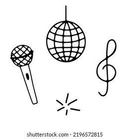 Hand Drawn Sketch Set Of Music Doodles. Treble Clef, Disco Ball, Microphone Isolated On White