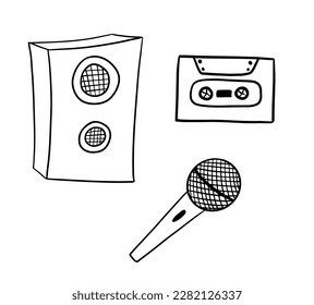 Hand drawn sketch set of music doodles. Music column, audio cassette and microphone isolated on white