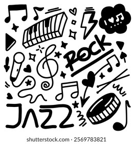 Hand drawn sketch set of music doodles, instruments, notes, signs and symbols