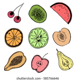 Hand drawn sketch set of pear, cherry, fruit, watermelon, orange, kiwi, apple, peach, passionfruit.  Fruits Icons with White Background. Graphic art. Isolated vector illustration.