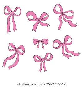 Hand drawn sketch set pink Bows, vector Bow Isolated On White Background