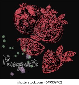 Hand drawn sketch set of pomegranate. Whole fruit and sliced. Vector illustration isolated on black background.